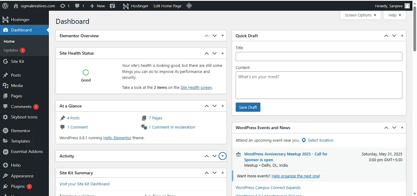 WordPress Dashboard | WordPress vs Shopify